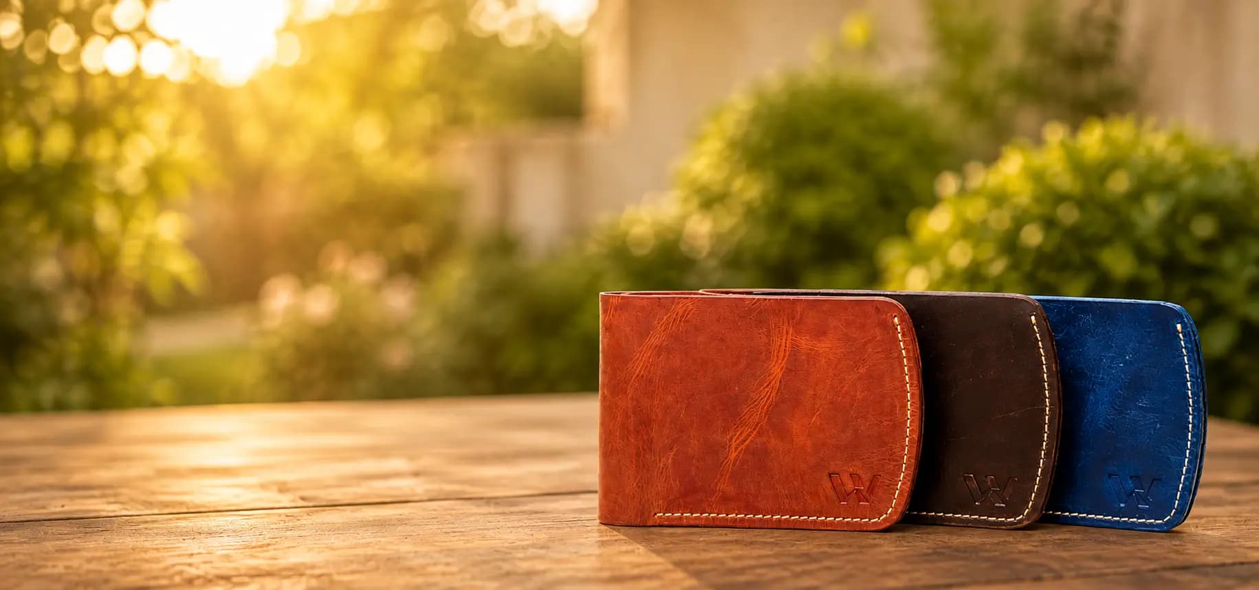 Three Wrenza handcrafted full-grain leather wallets in brown, dark brown, and blue colors